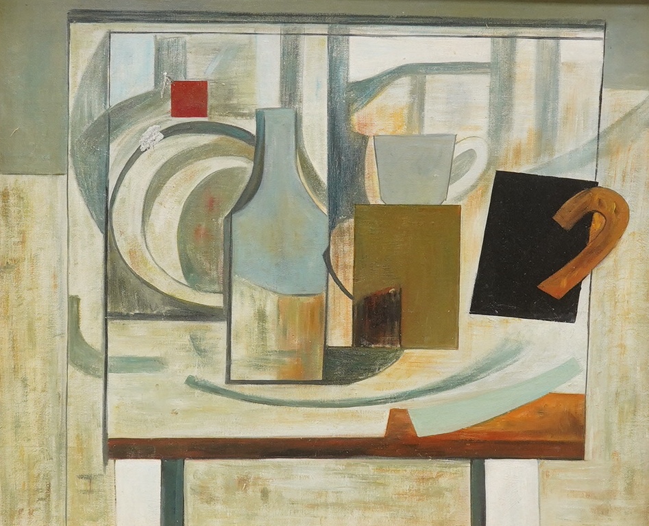 A decorative oil on board, Abstract composition, Still life of vessels, 49 x 60cm, housed in a pine frame. Condition - good